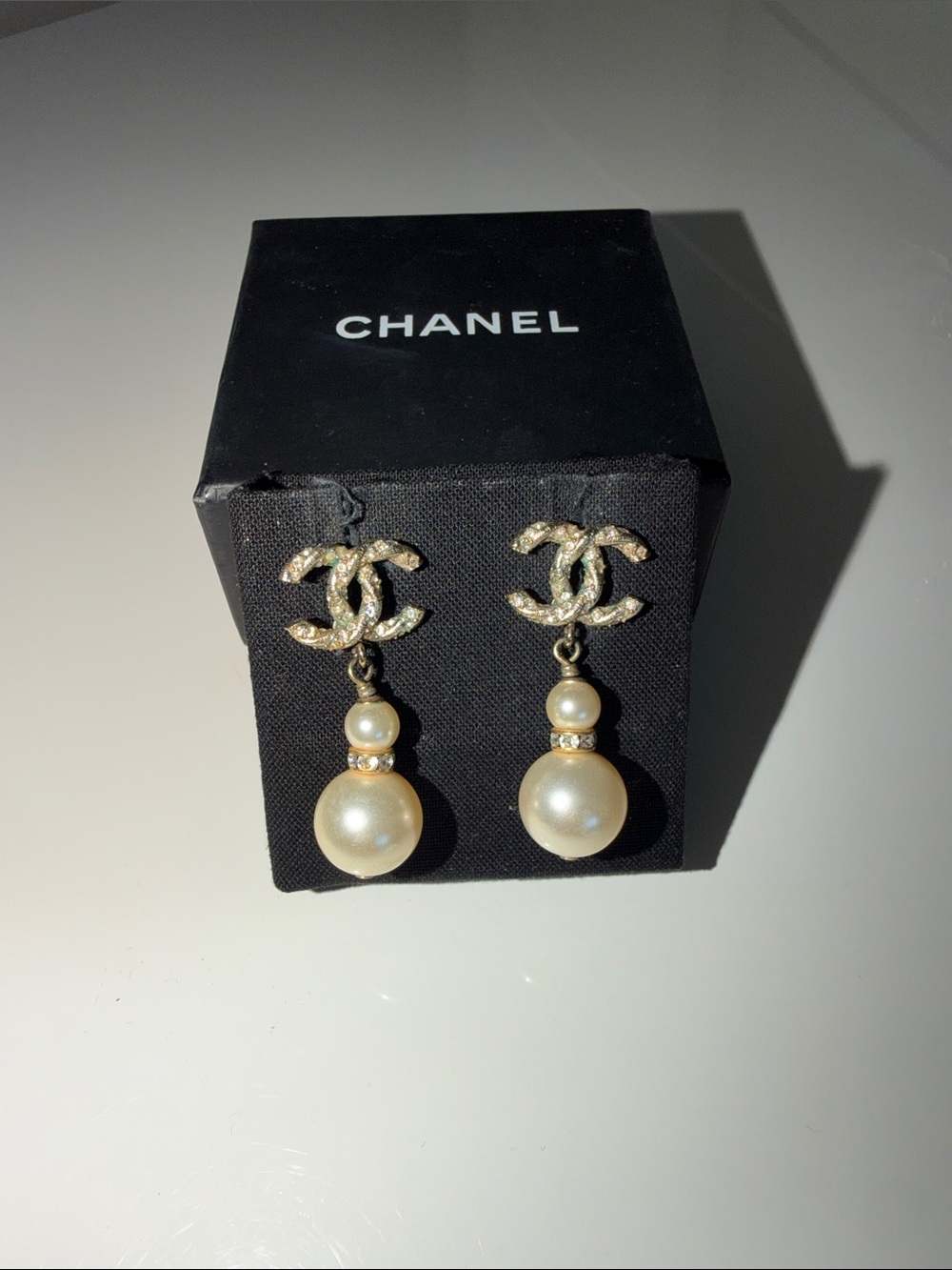 CHANEL Gold-Tone CC Logo Earrings with Cream Pearl Drops
